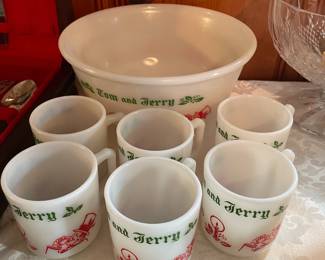 Tom and Jerry milk glass punch bowl and cups