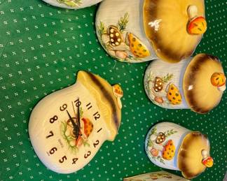 Mushroom canisters, salt and pepper shakers, and clock