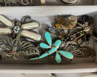 Dragonfly brooches, mix of sterling silver and precious stones