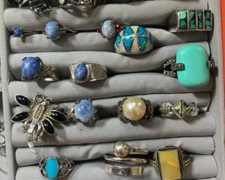 Sterling silver rings with a mix of Turquoise, Star Sapphire, Mother of Pearl, etc.