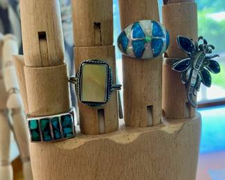 Sterling silver rings, with Onyx, Turquoise, opal, mother of pearl