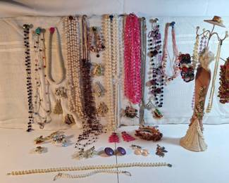 Jewelry Mannequin, Christmas Broaches, Pearls, And Bracelets
