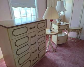 Vintage Dresser, Dressing Table With Mirror, Round Table, Night Stand, Lamps And TV Stand