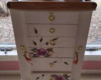 Standing Jewelry Chest, Tea Set And Tray With 3 Miss