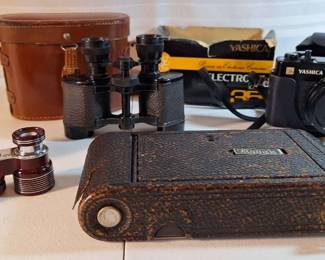 Antique Kodak Camera, Yashica Camera And Case, 2 Binoculars And Cases