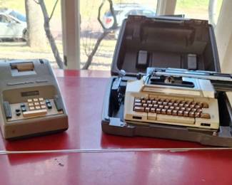 Vintage Red formica Iron Table, Electric Typewriter And Adding Machine