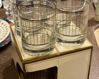 Vintage MCM Culver Devon Silver Striped Lowball Whiskey Glasses