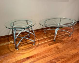 Glass and Brushed Metal Coffee Table and Side Table
