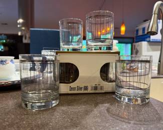 Vintage MCM Culver Devon Silver Striped Lowball Whiskey Glasses