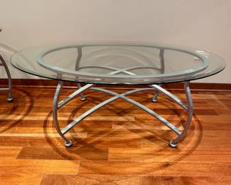 Glass and Brushed Metal Oval Coffee Table