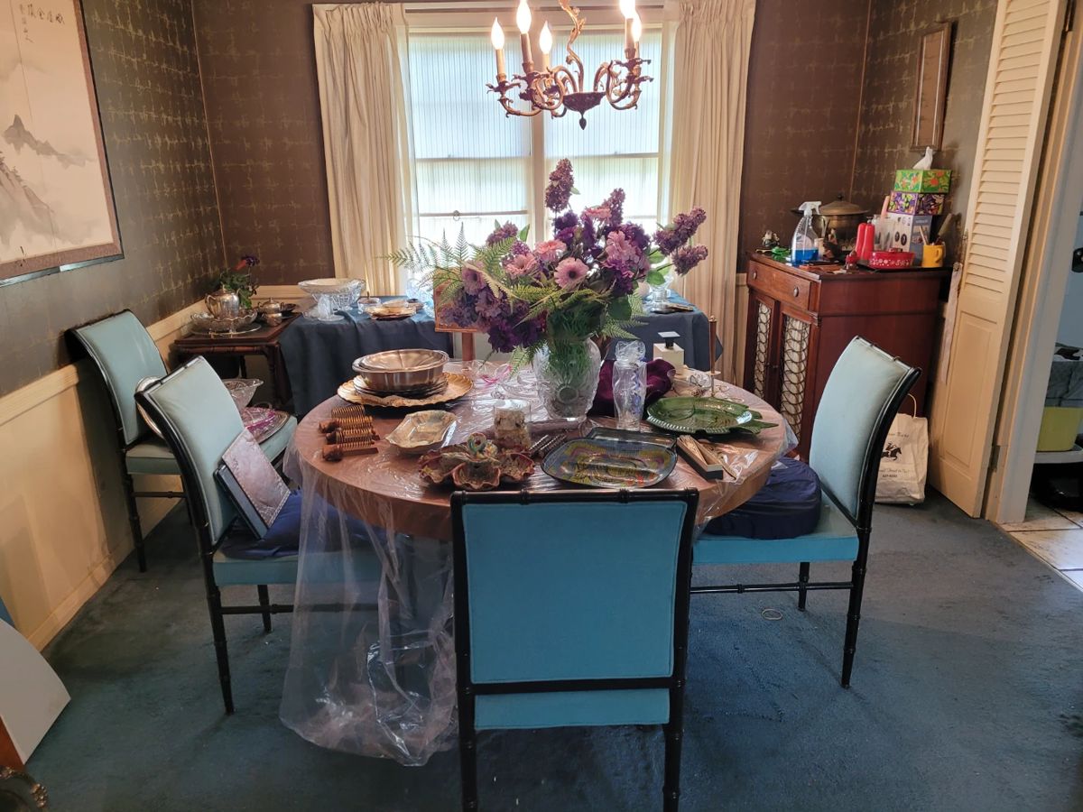 1950s dining room table solid wood with three leaves and set of black faux bamboo chairs