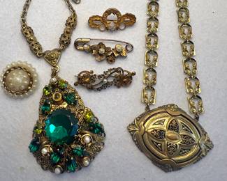 Western Germany Green Glass and Pearl Pendant and Magne GF and Victorian Era Pins