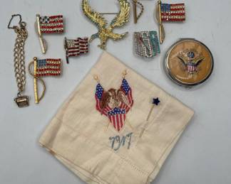 Patriotic Rhinestone Pins, Hanky and Compact