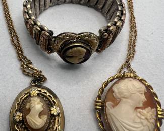 Lustern GF on Sterling Expandable Cameo Locket and Antique Cameo Pendant Brooch