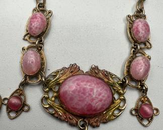 Antique Czech Pink Peking Glass with Lotus Blossom Necklace
