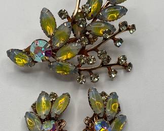 Opalescent and Lemon Cream Rhinestone Brooch and Earring Set