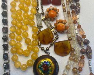 Enamel on Copper Pendant, Miriam Haskell Style Clip Earrings