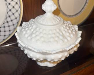 vintage Fenton hobnail milk glass candy dish