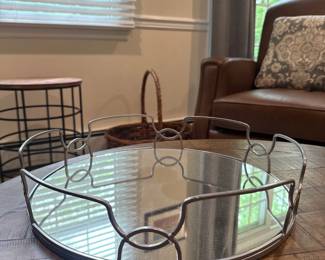 Mirrored Round Vanity Decorative Tray Pewter Metal