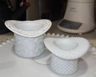 two vintage Fenton milk glass top hat toothpick holders "Daisy and Button" pattern
