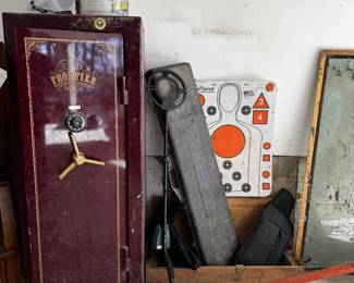 Gun safe, gun cases, vintage wooden gun case
