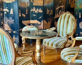 Louis Philippe Fautiel chairs purchased in Paris and reworked in Scalamandre velvet stripe