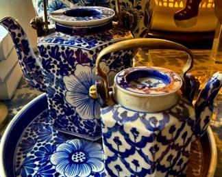 Antique Blue & White Chintz Oriental Teapot, Brass Handle, Hexagon Floral Teapot, Chinoiserie Teapots
