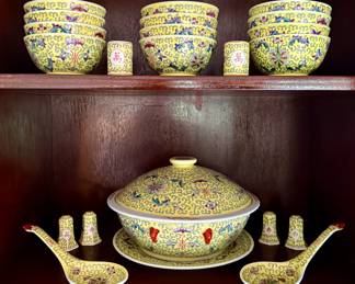 Yellow Mun Shou Longevity pattern dinnerware set