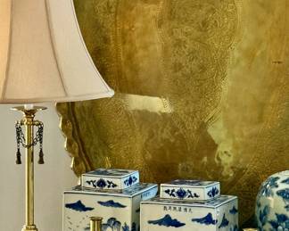 Antique blue and white and a fabulous Maitland Smith brass lamp