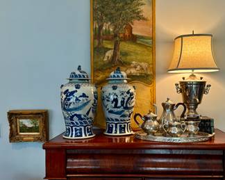 Large old blue and white temple jars