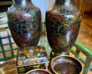 Pair of Vintage Chinese Brass Cloisonné Enamel Vases - Bronze Floral Design, trivets and a fabulous box.