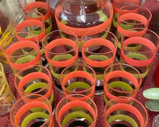Vintage Banded Pitcher and Glasses