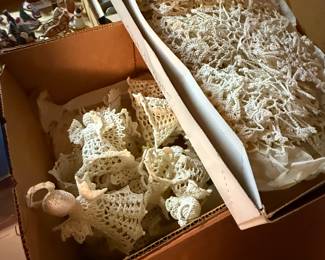 These two boxes are terrific! The bottom box are handmade, crochet angels, and bells… the top box to the right are beautiful snowflakes crocheted