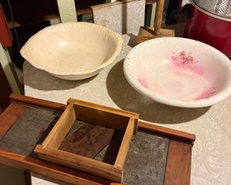 The Canning kitchen has some nice items! Here is a cabbage mandolin with two large mixing bowls