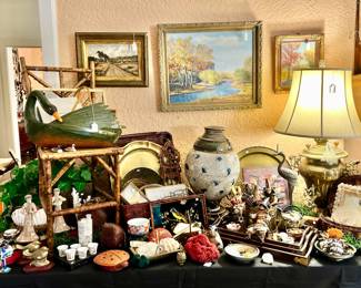 ASIAN AREA MIXED WITH CORAL, SHELLS, BAMBOO, AND BRASS.
