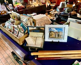 LOVELY POOL TABLE FOR SALE. LOTS OF PAPER EPHEMERA.