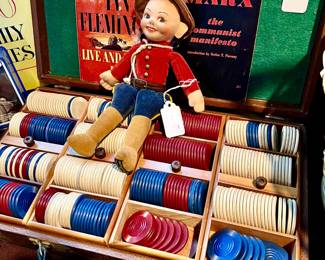 POKER CHIPS, IAN FLEMING JAMES BOND, DOMINOES, AND DOLLS.