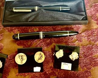 MONT BLANC ROLLERBALL PEN, NEW OLD STOCK STILL IN BOX. I DON'T THINK IT WAS EVER USED. FUN CUFF LINKS.