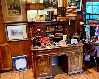 ANTIQUE DESK WITH MORE BOOKS.