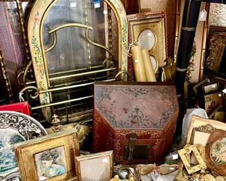 FLORENTINE PAINTED TRAYS. LEATHER BOX.