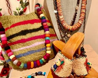 FUN VINTAGE SHOES, MIXED WITH A MORE MODERN HANDBAG, COSTUME JEWELRY.