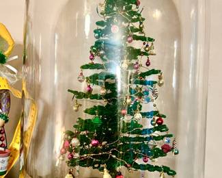 BEADED CHRISTMAS TREE UNDER GLASS DOME.