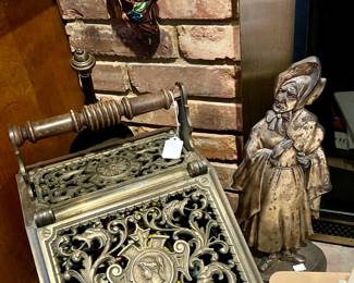 ANTIQUE COAL SKUTTLE. DICKENS DOOR STOP TO THE RIGHT.