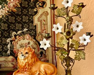 STAFFORDSHIRE LION PAIR AND BEAUTIFUL FRENCH CANDELABRAS!