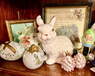 ANTIQUE MILK GLASS EGGS, AND LOTS OF BUNNIES.