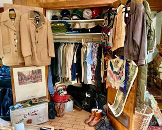 THE MEN'S CLOSET DOWNSTAIRS. VINTAGE AND MODERN CLOTHING INCLUDING SEVERAL VINTAGE MILITARY UNIFORMS, ALUMINUM SUITCASE, ETC.