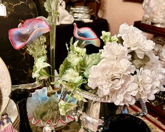 ANTIQUE VICTORIAN EPERGNE WITH VASELINE AND CRANBERRY GLASS.