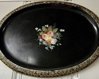 VICTORIAN TOLE TRAY WITH INLAID MOTHER OF PEARL.