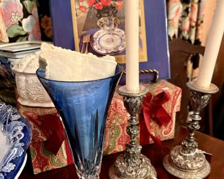 UNIQUE WATERFORD BLUE CRYSTAL VASE, STERLING CANDLESTICKS.