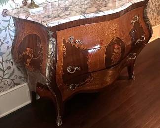 French Louis XV style hand-painted commode with a marble top.